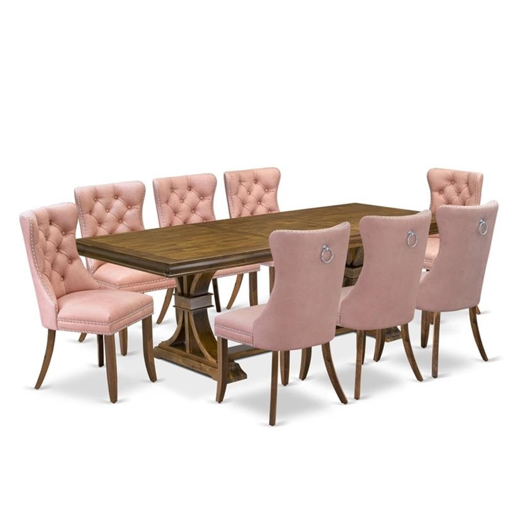 9-Piece Acacia Wood Dining Table Set with Beige Faux Leather Chairs M206852