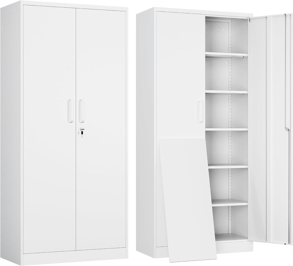 White Metal Storage Cabinet with 2 Doors and 5 Adjustable Shelves B782981