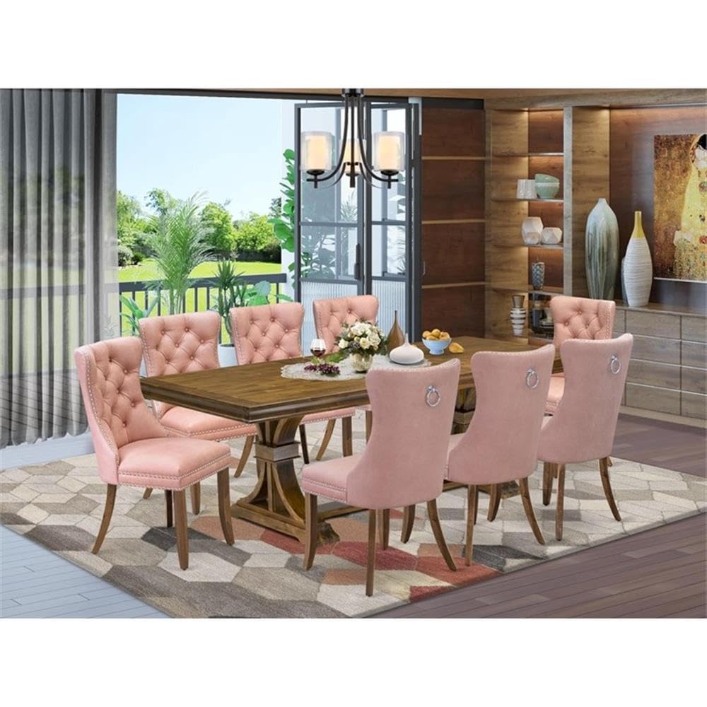 9-Piece Acacia Wood Dining Table Set with Beige Faux Leather Chairs M206852