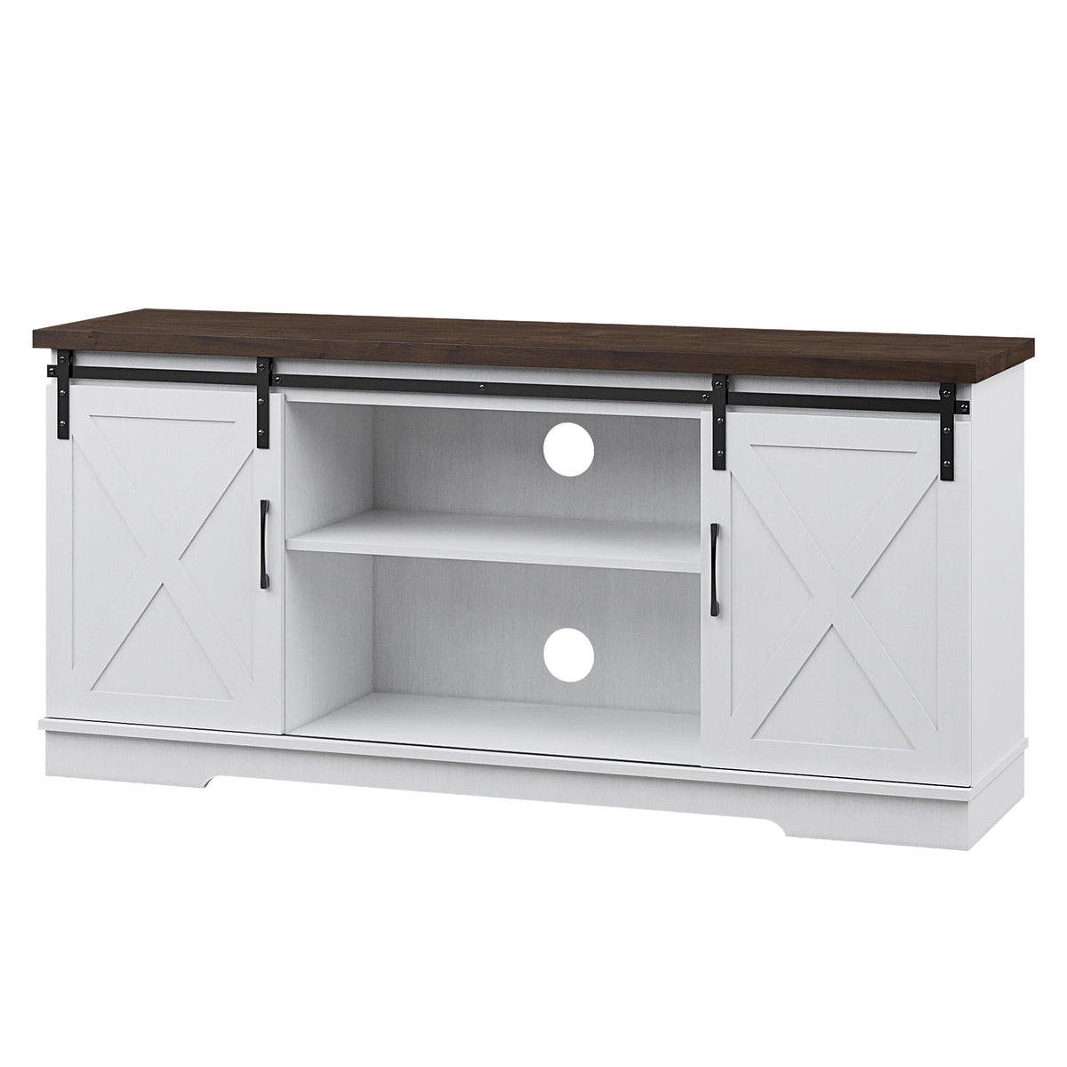 Farmhouse TV Stand with Sliding Barn Doors, White & Brown I694691