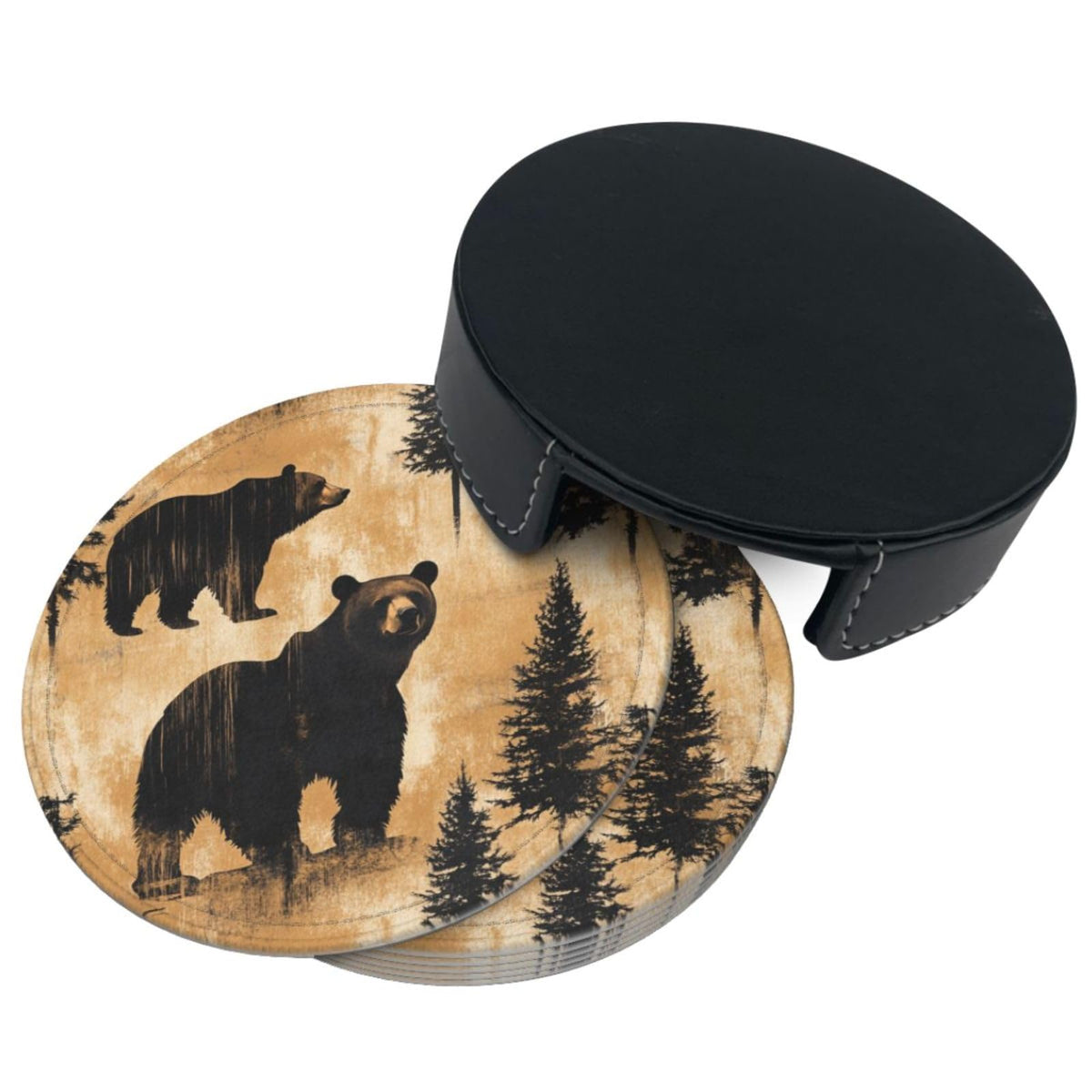 Black Leather Coasters with Holder F277