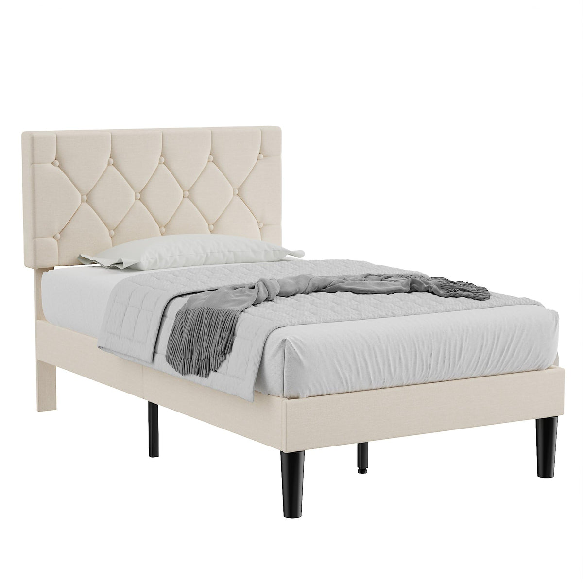 Twin Bed Frame with Upholstered Tufted Headboard, Beige Y539