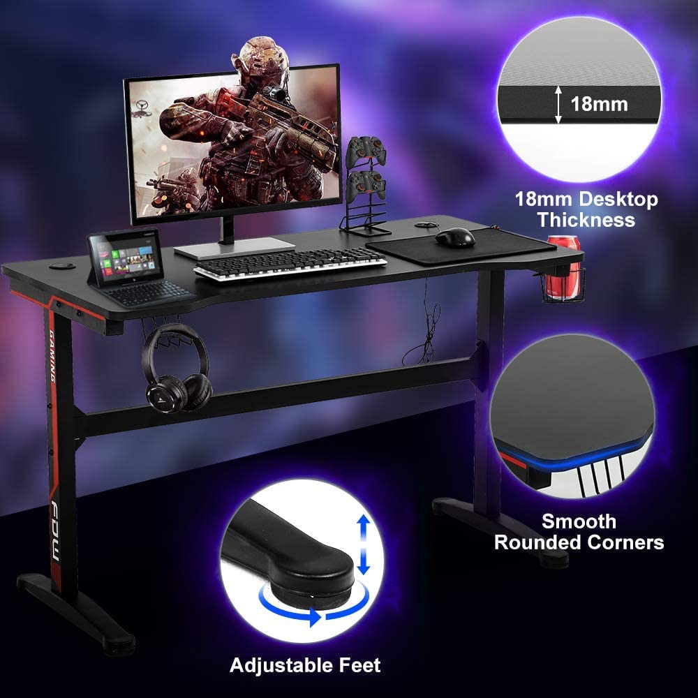 47 Inch T-Shaped Gaming Desk with Headphone Hook and Cup Holder I61168