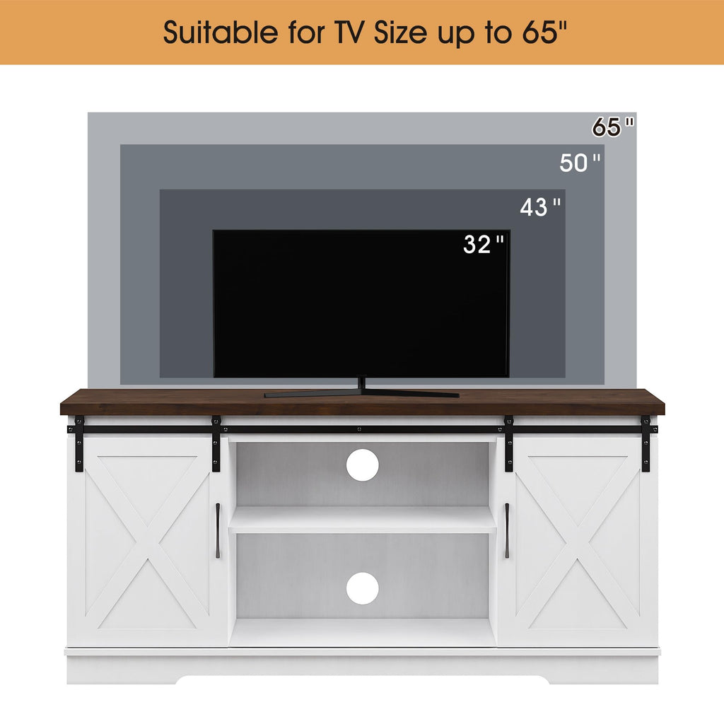 Farmhouse TV Stand with Sliding Barn Doors, White & Brown I694691