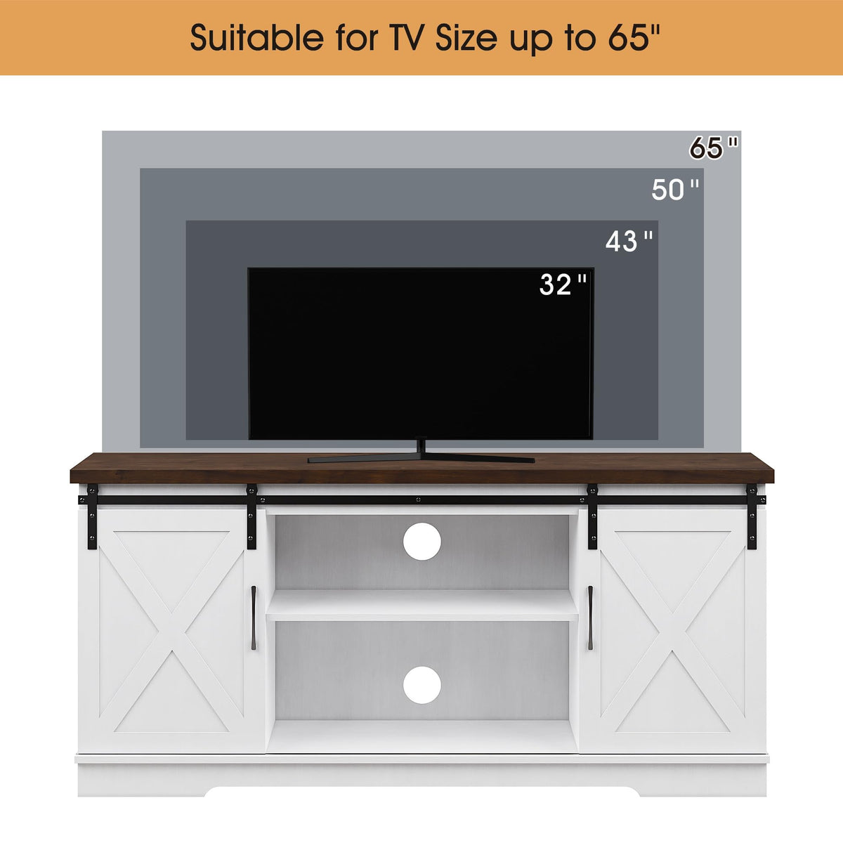 Farmhouse TV Stand with Sliding Barn Doors, White & Brown I694691