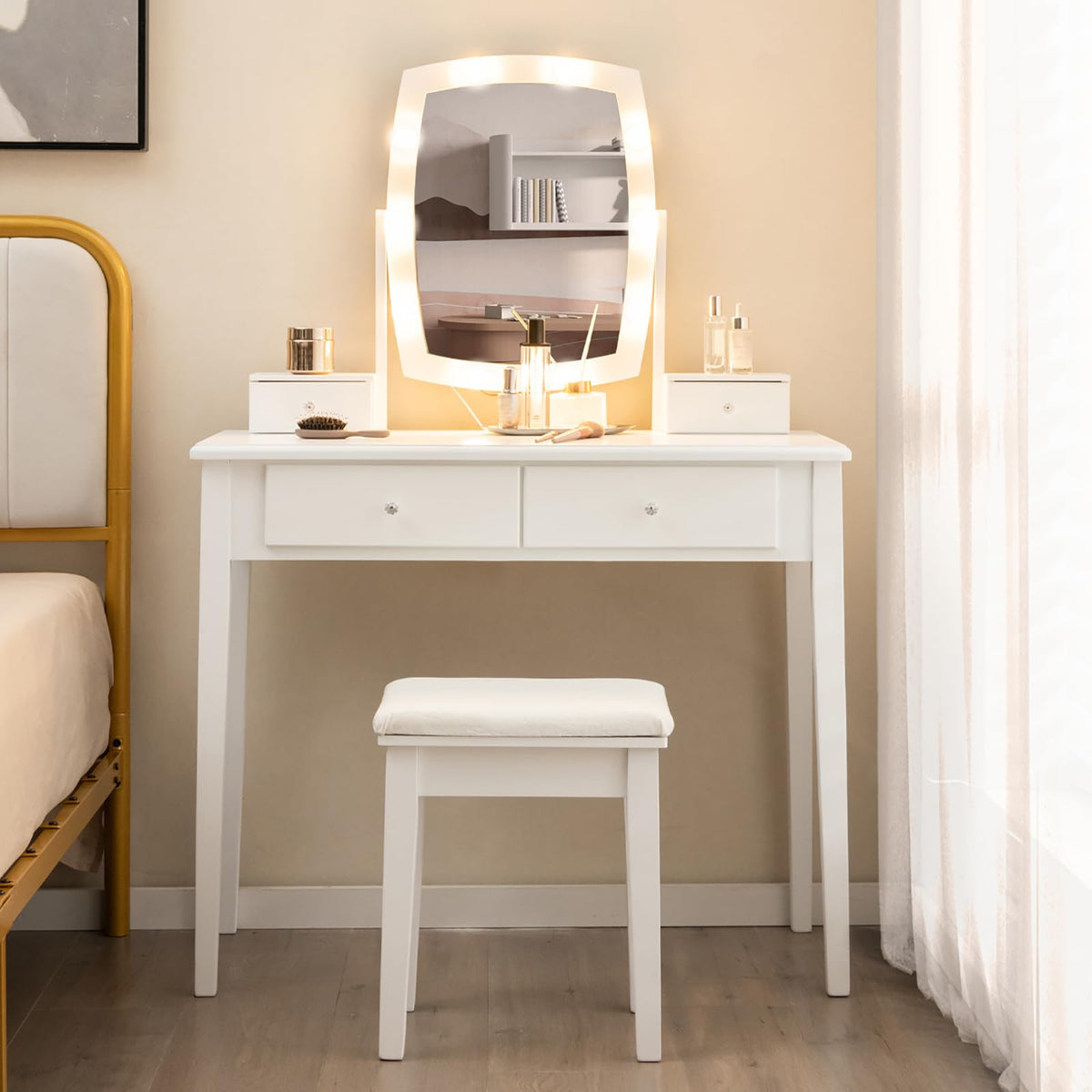 White Vanity Desk with Mirror and Lights, 4 Drawers, Stool V11059