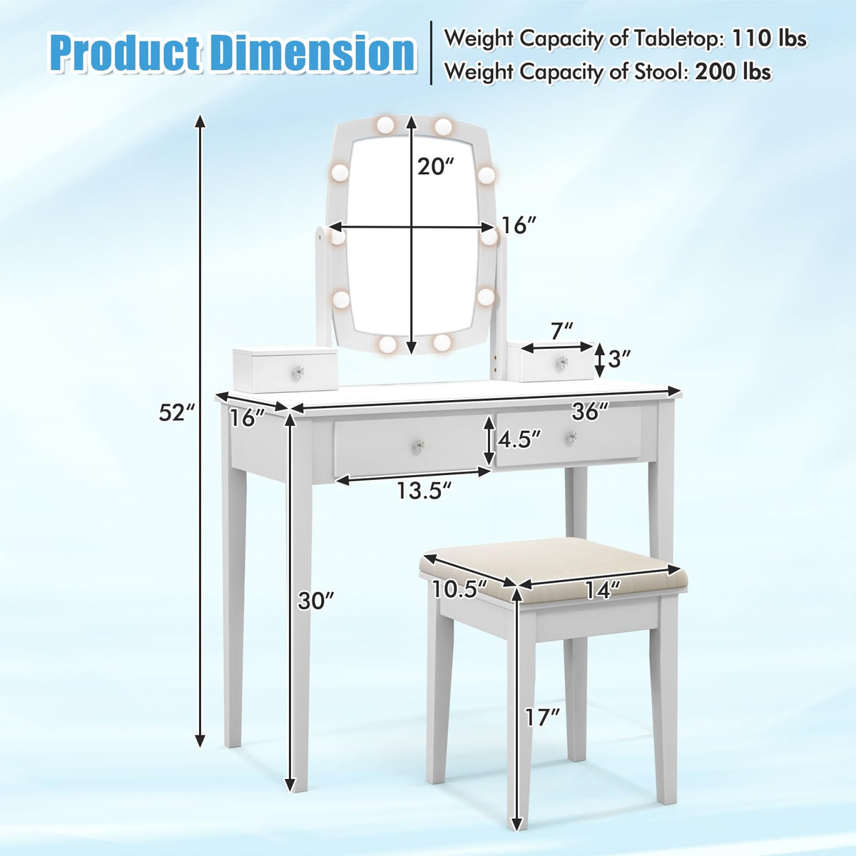 White Vanity Desk with Mirror and Lights, 4 Drawers, Stool V11059