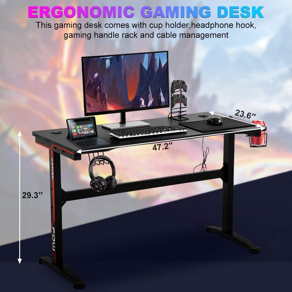 47 Inch T-Shaped Gaming Desk with Headphone Hook and Cup Holder I61168