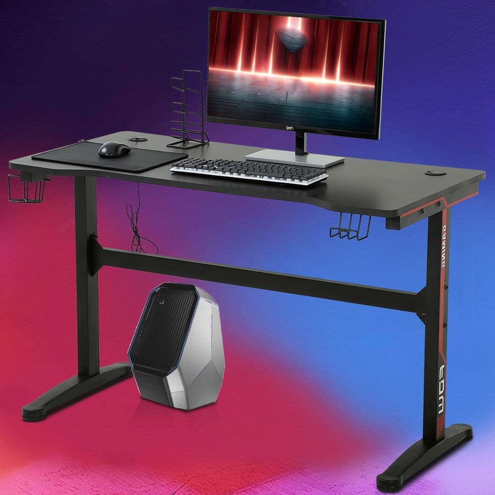 47 Inch T-Shaped Gaming Desk with Headphone Hook and Cup Holder I61168