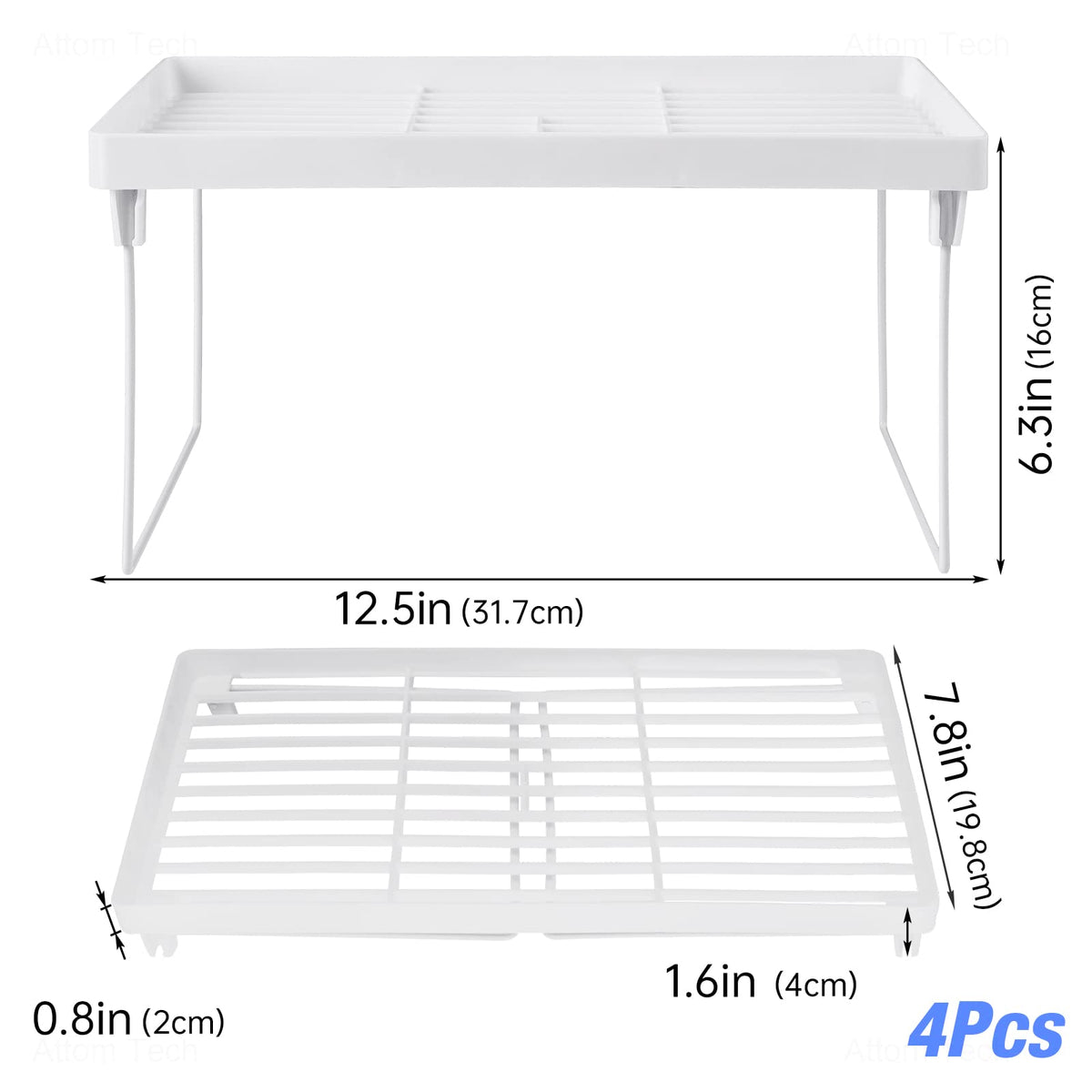 4-Pack Stackable Plastic Kitchen Storage Shelf Foldable Rack White D643759