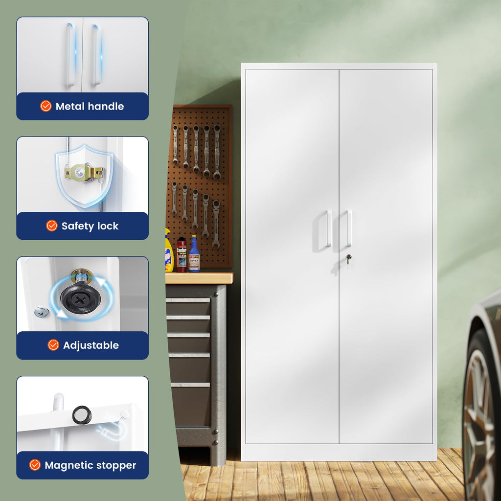 White Metal Storage Cabinet with 2 Doors and 5 Adjustable Shelves B782981