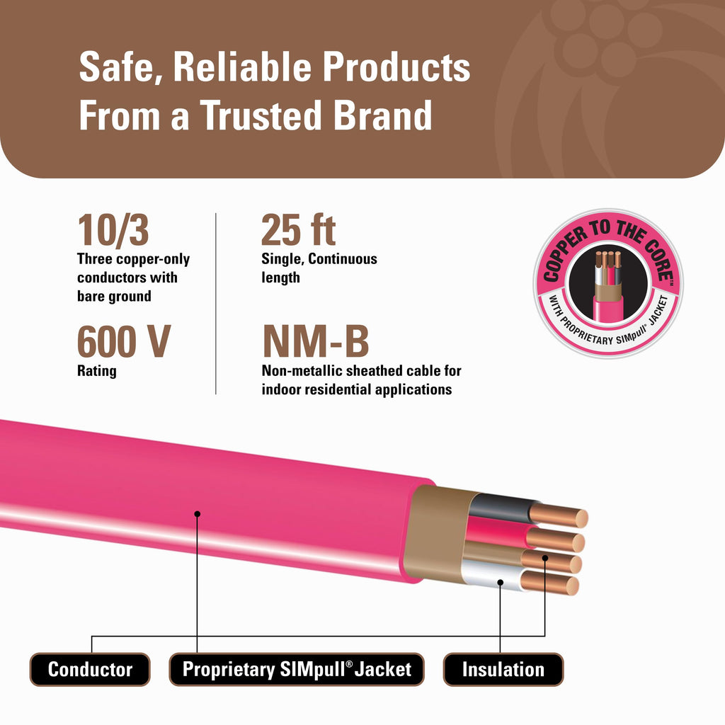 10 Gauge 3 Conductor 25Ft Pink Residential Wire X648763