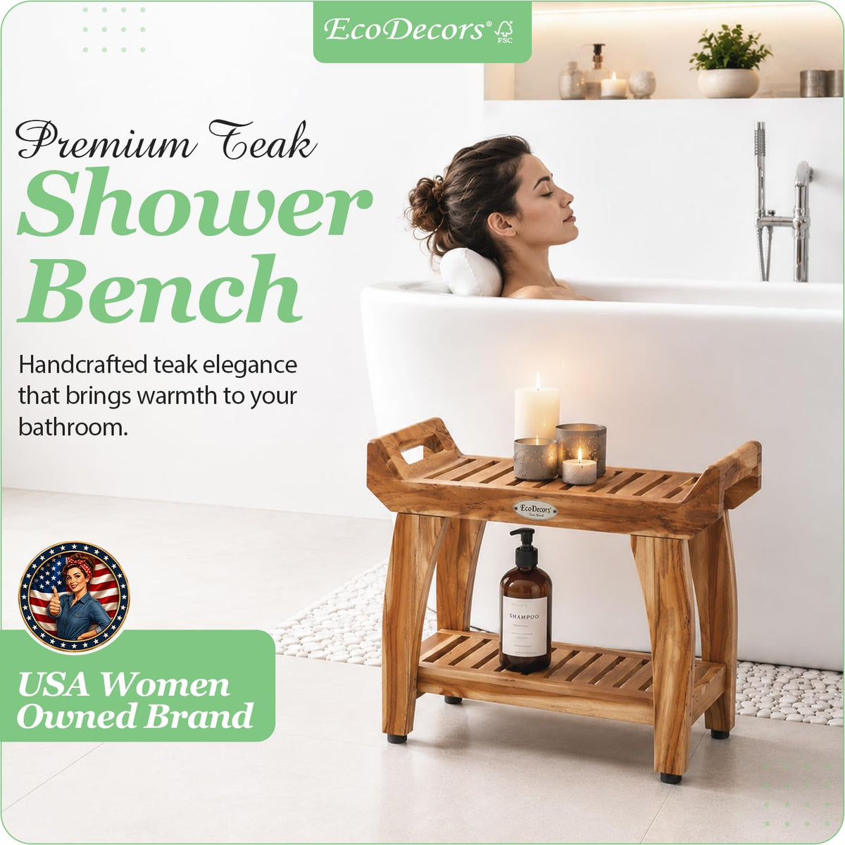 24" Teak Shower Bench with Arms & Storage Shelf R635101