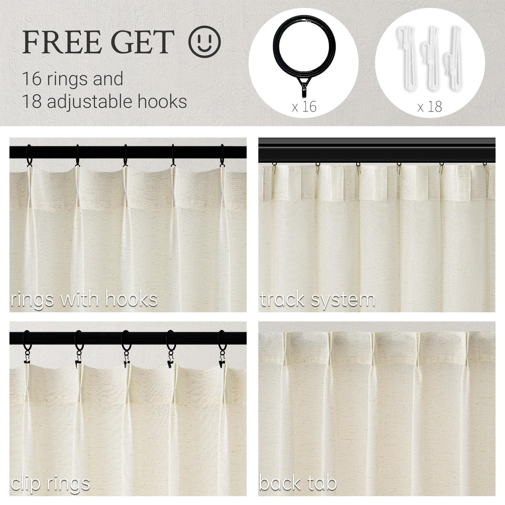 132 Inch Pinch Pleated Linen Curtains 2 Panels Natural Semi Sheer M46172
