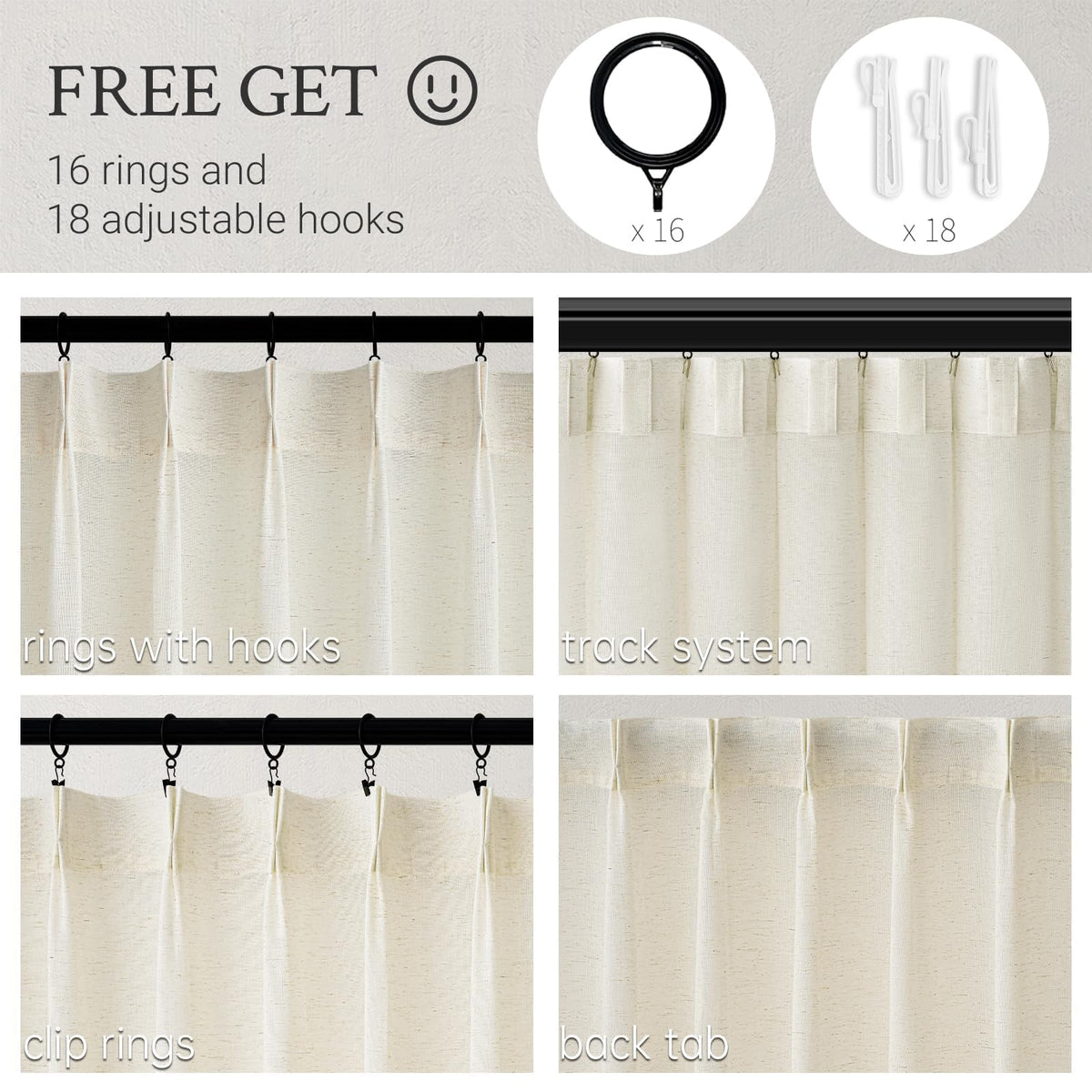 132 Inch Pinch Pleated Linen Curtains 2 Panels Natural Semi Sheer M46172