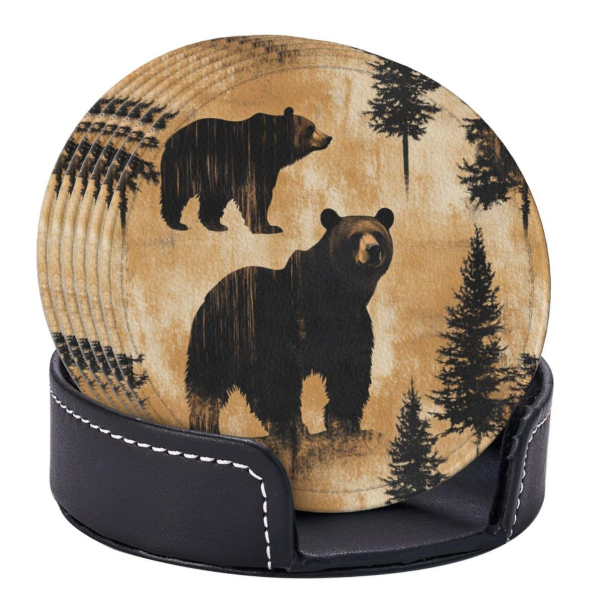 Black Leather Coasters with Holder F277