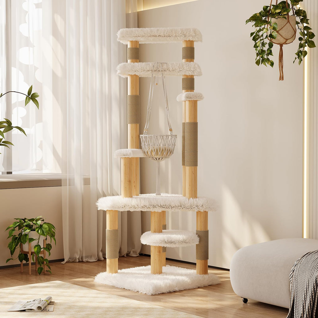 70" Solid Wooden Cat Tree Tower with Sisal Scratching Post & Hammock R224496