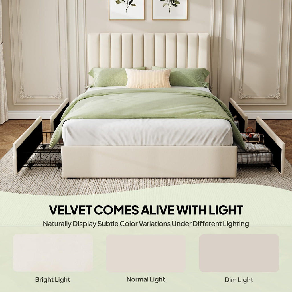 White Full Size Upholstered Bed Frame with Headboard & 4 Drawers J249