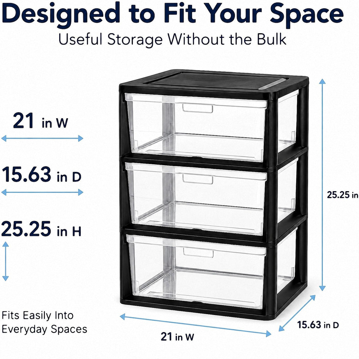 Black 3 Drawer Plastic Storage Tower with Clear Bins K6210
