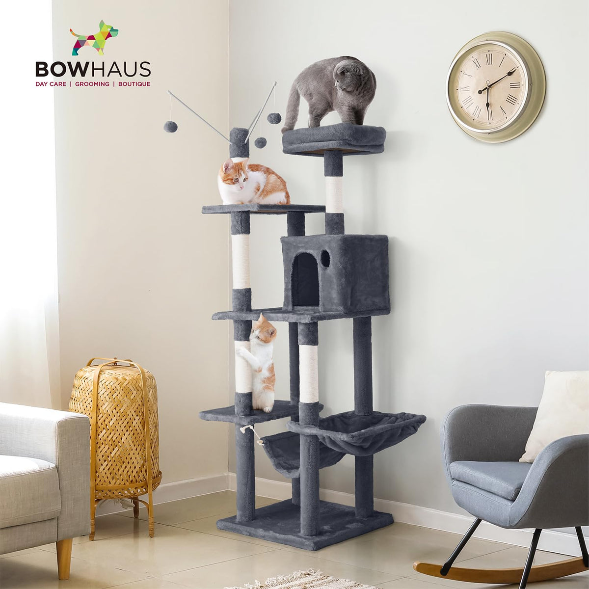 Tall Multi-Level Cat Tree with Scratching Posts, Hammock, Cat Cave Condo J153786