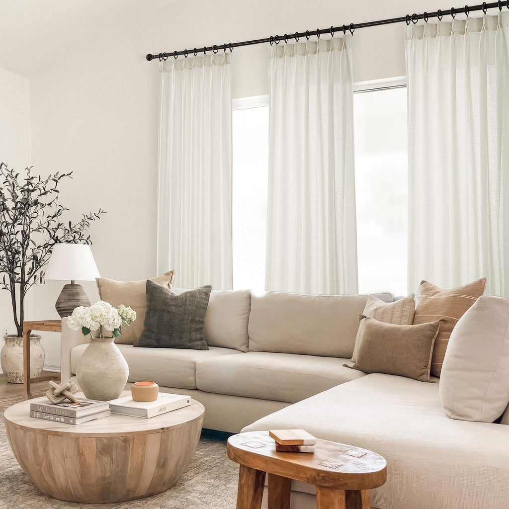 132 Inch Pinch Pleated Linen Curtains 2 Panels Natural Semi Sheer M46172
