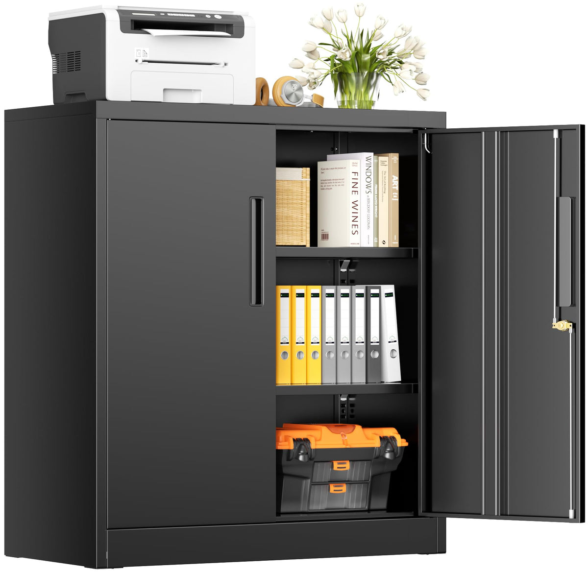 Black Metal Storage Cabinet with Locking Doors and Shelves H43704