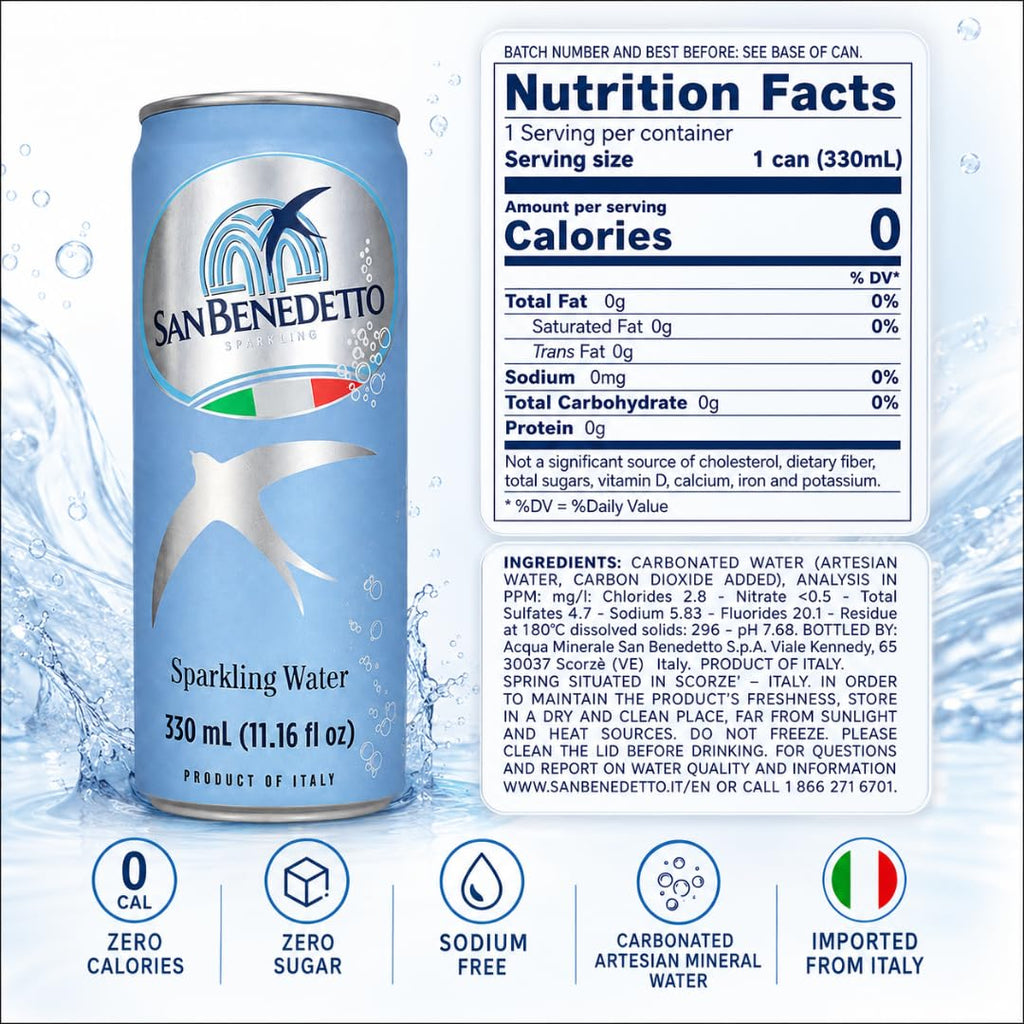 Imported Italian Sparkling Mineral Water 330mL Slim Cans Pack of 12 G970