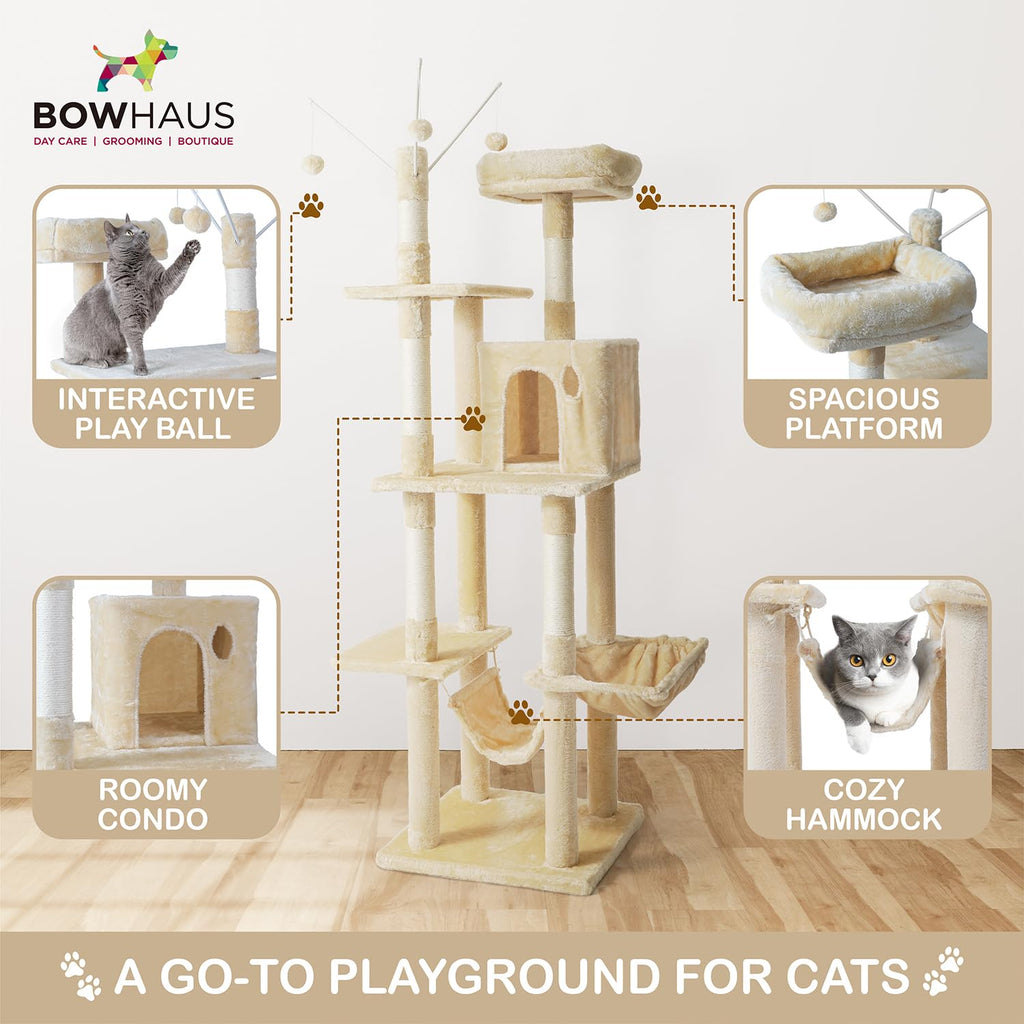 Tall Multi-Level Cat Tree with Scratching Posts, Hammock, Cat Cave Condo J153786