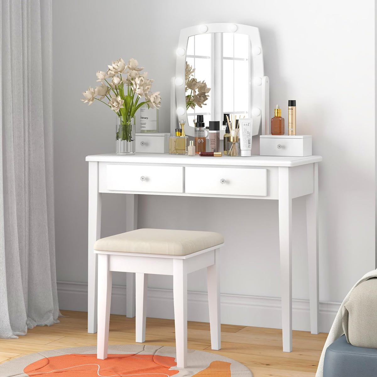 White Vanity Desk with Mirror and Lights, 4 Drawers, Stool V11059