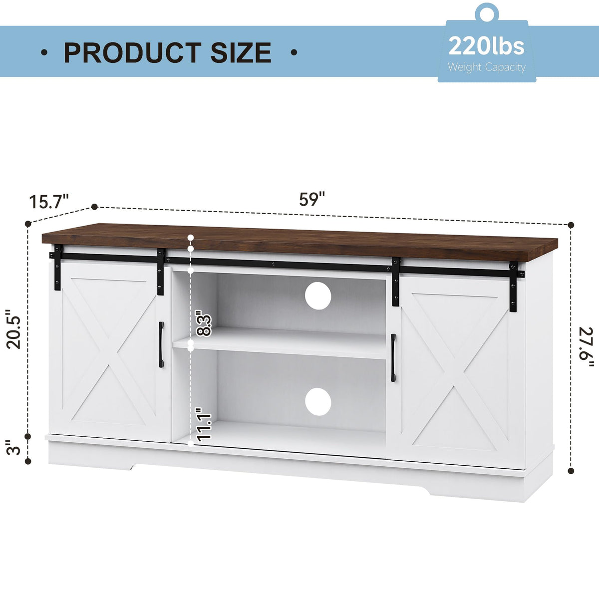 Farmhouse TV Stand with Sliding Barn Doors, White & Brown I694691