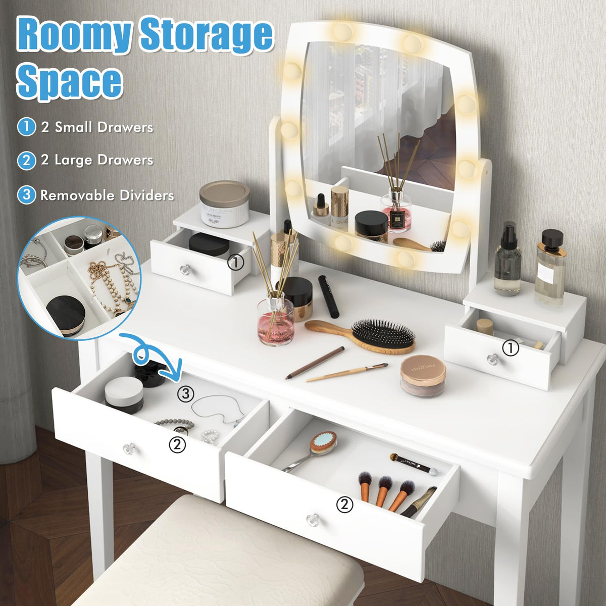 White Vanity Desk with Mirror and Lights, 4 Drawers, Stool V11059