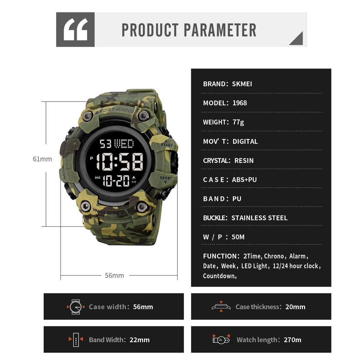Men Digital Watch Waterproof LED Stopwatch P2249