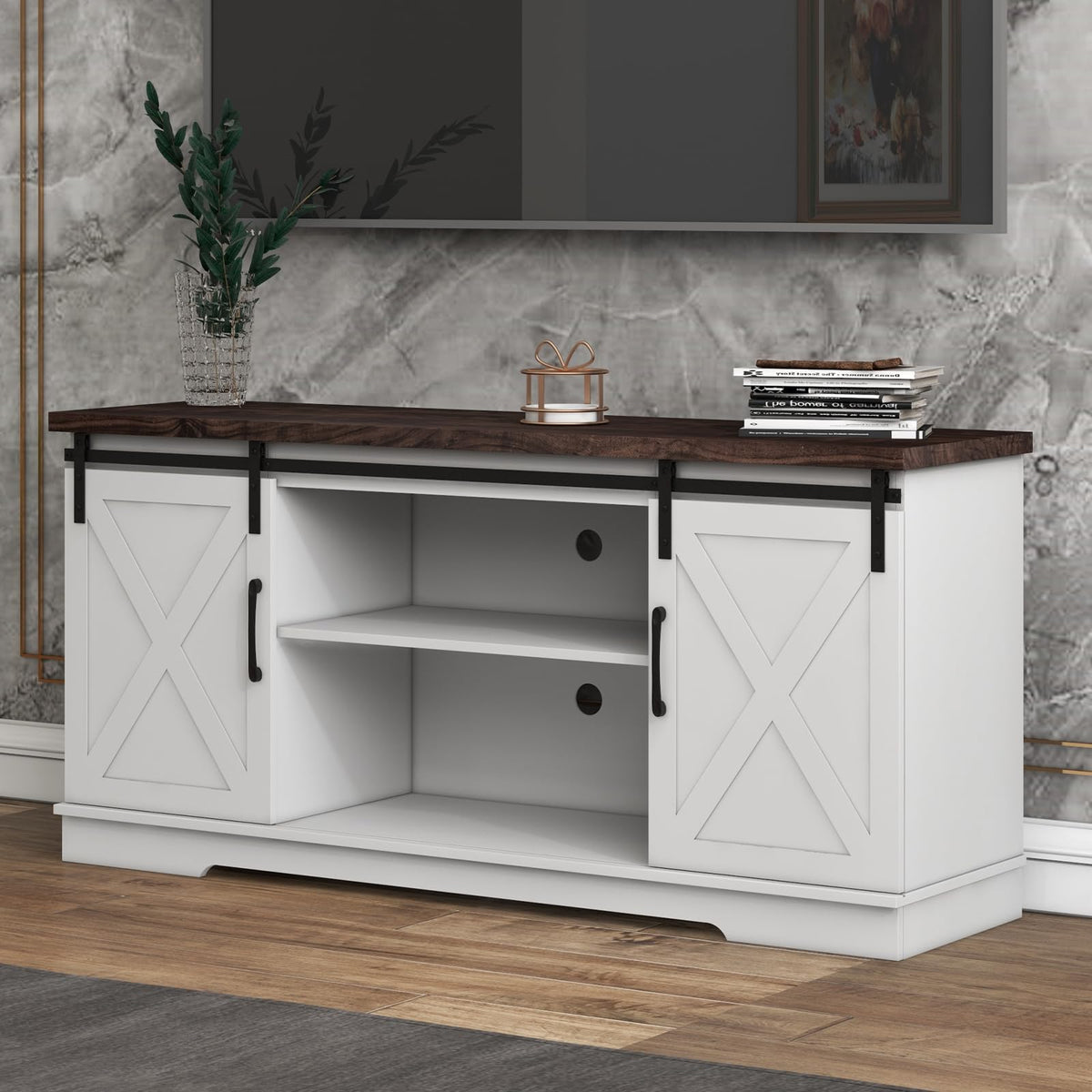Farmhouse TV Stand with Sliding Barn Doors, White & Brown I694691