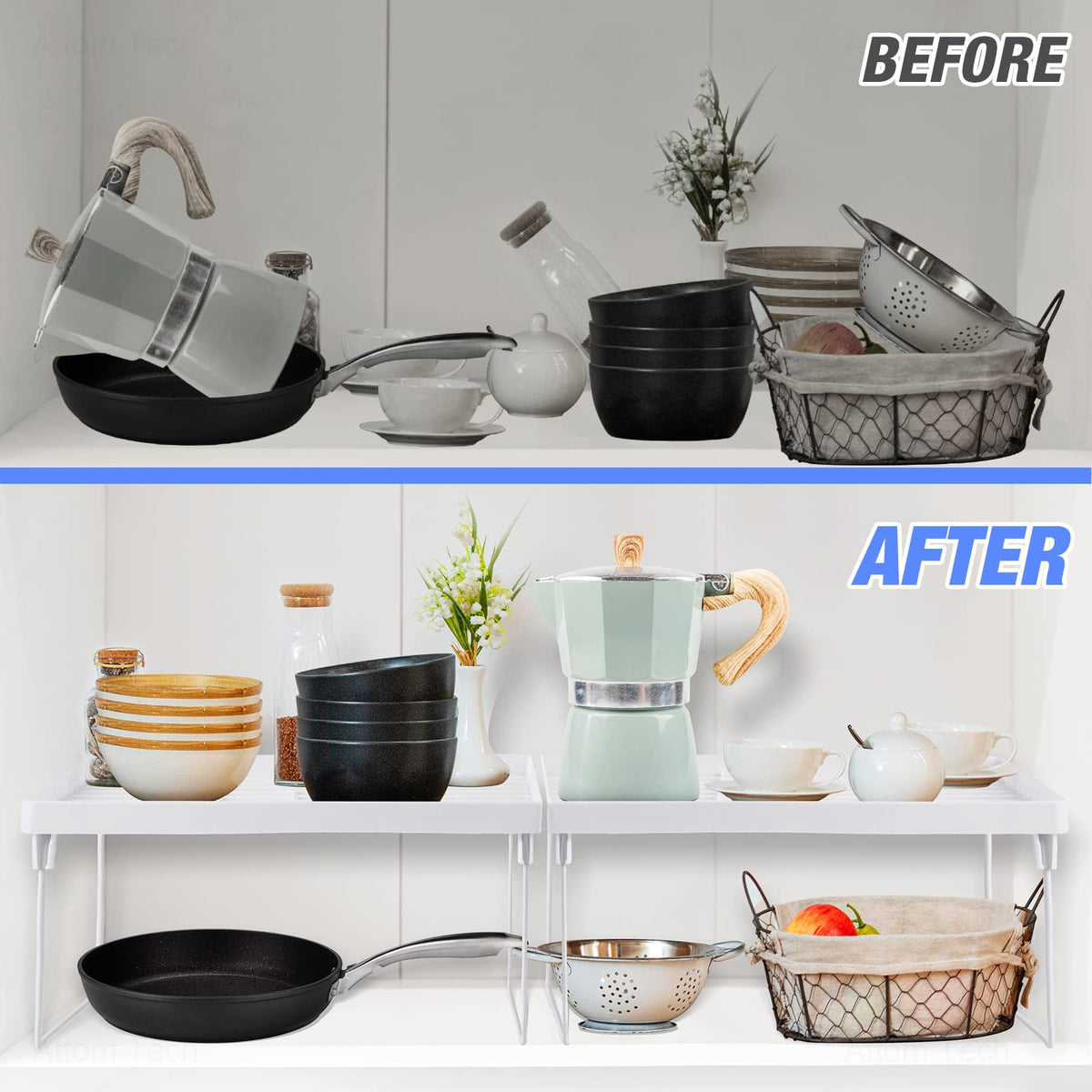4-Pack Stackable Plastic Kitchen Storage Shelf Foldable Rack White D643759