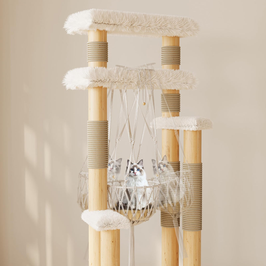70" Solid Wooden Cat Tree Tower with Sisal Scratching Post & Hammock R224496