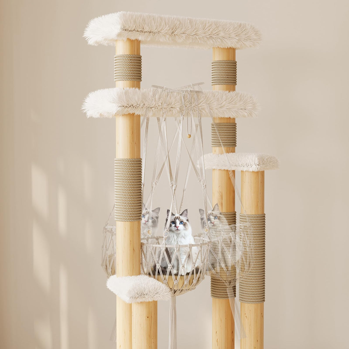 70" Solid Wooden Cat Tree Tower with Sisal Scratching Post & Hammock R224496