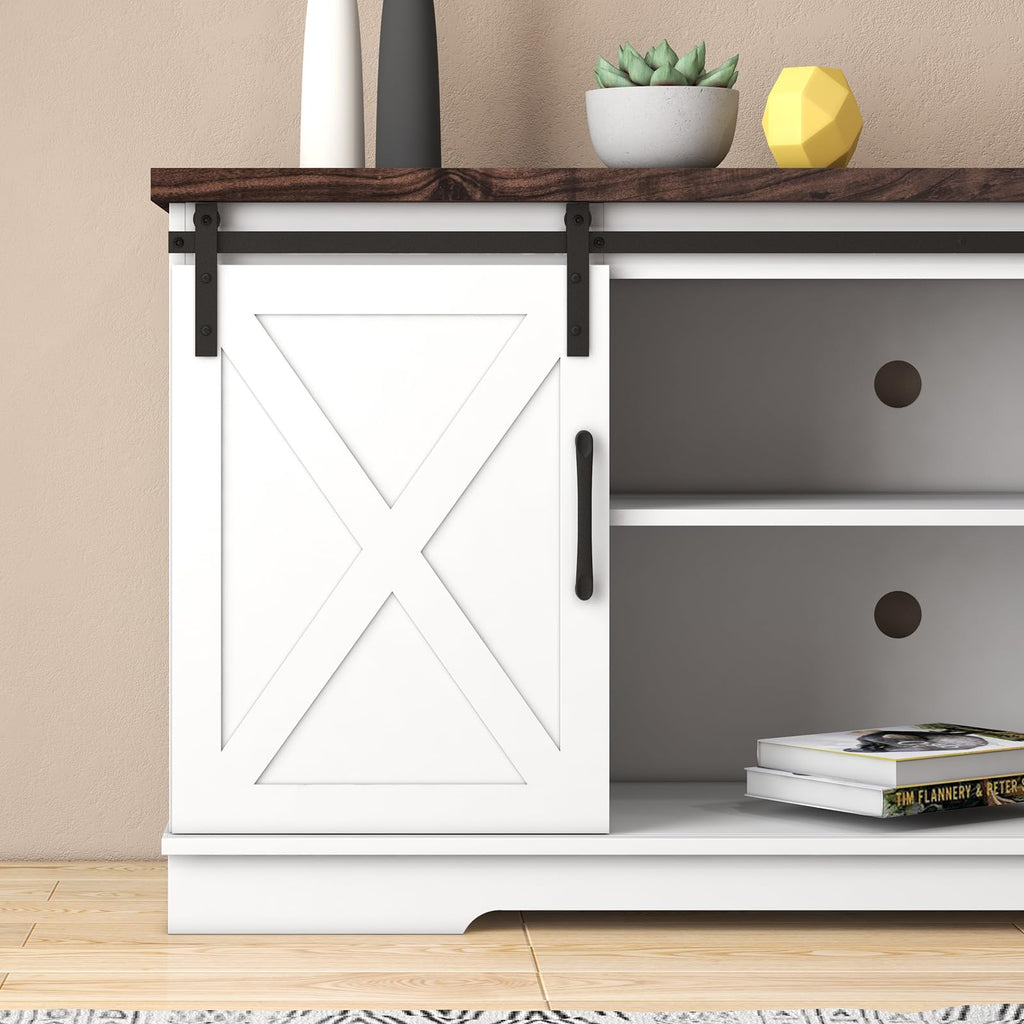 Farmhouse TV Stand with Sliding Barn Doors, White & Brown I694691