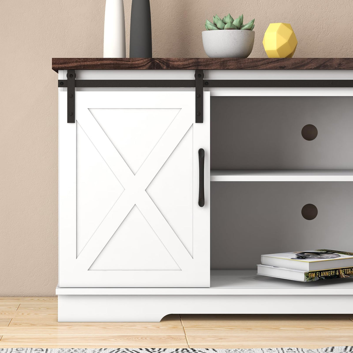 Farmhouse TV Stand with Sliding Barn Doors, White & Brown I694691