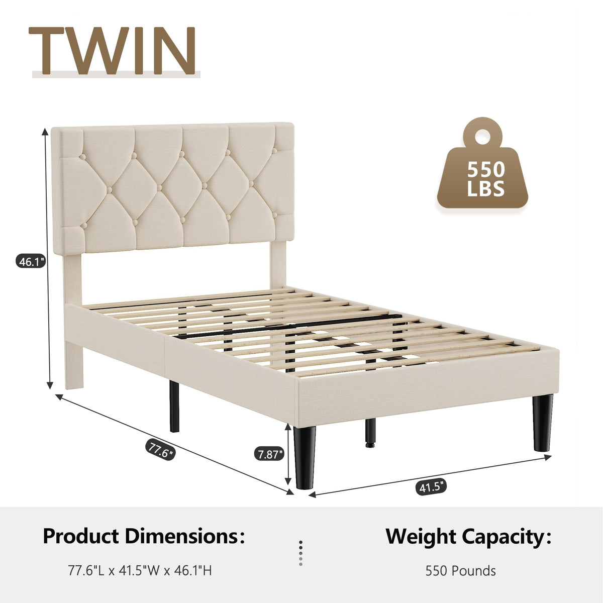 Twin Bed Frame with Upholstered Tufted Headboard, Beige Y539