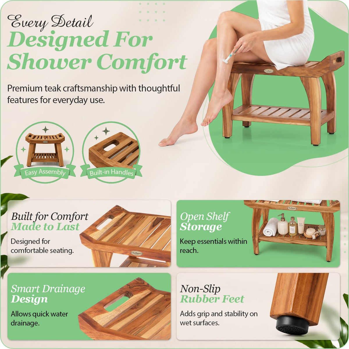 24" Teak Shower Bench with Arms & Storage Shelf R635101