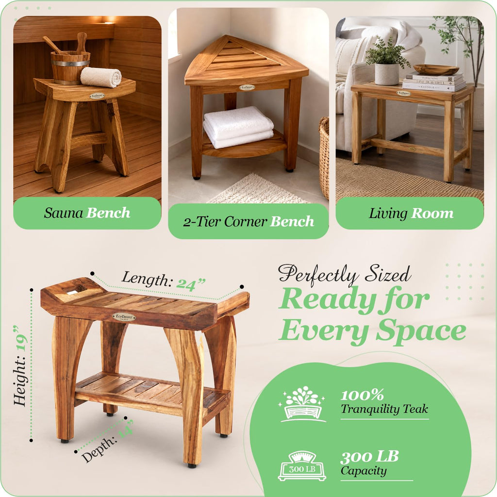 24" Teak Shower Bench with Arms & Storage Shelf R635101