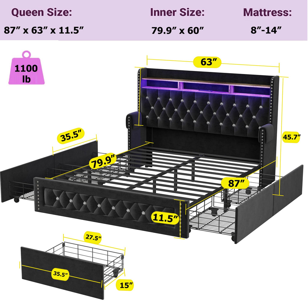 Queen Size Velvet Upholstered Platform Bed with 4 Storage Drawers S71755