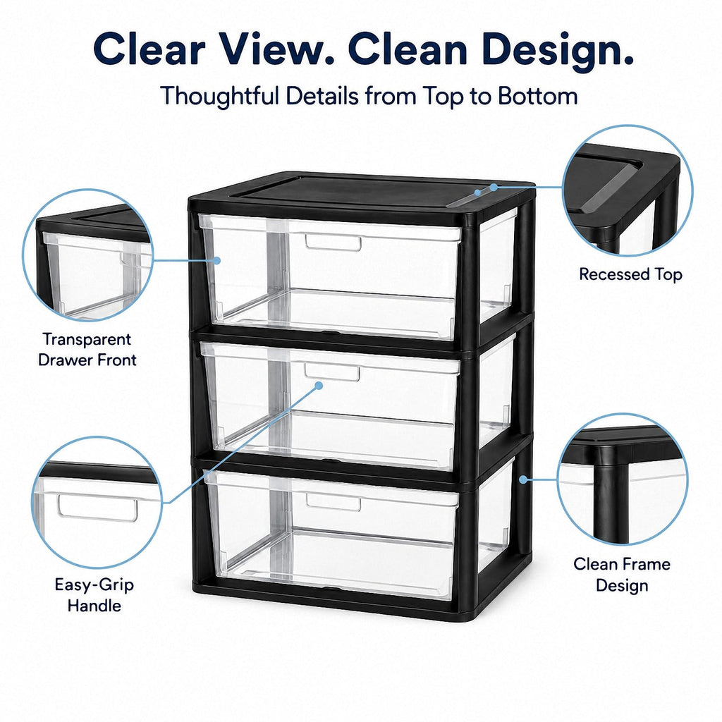 Black 3 Drawer Plastic Storage Tower with Clear Bins K6210