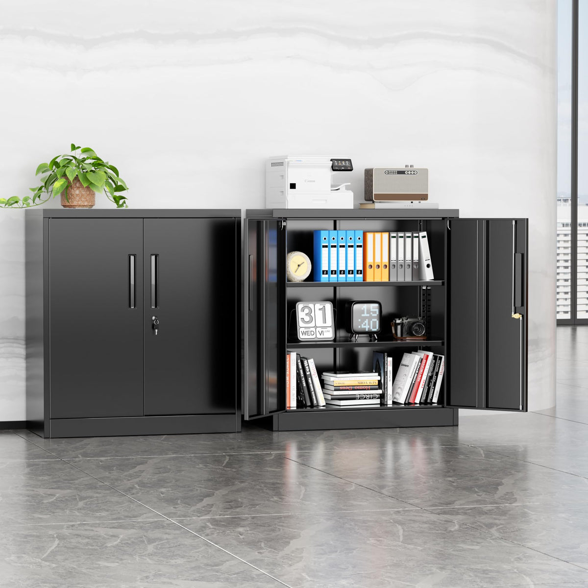Black Metal Storage Cabinet with Locking Doors and Shelves H43704
