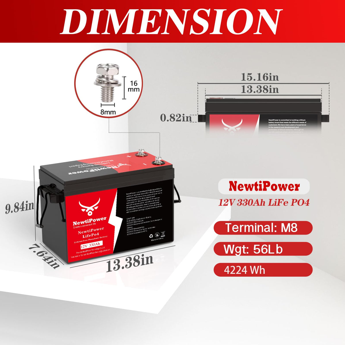 12V 330Ah LiFePO4 Battery with 200A BMS M482