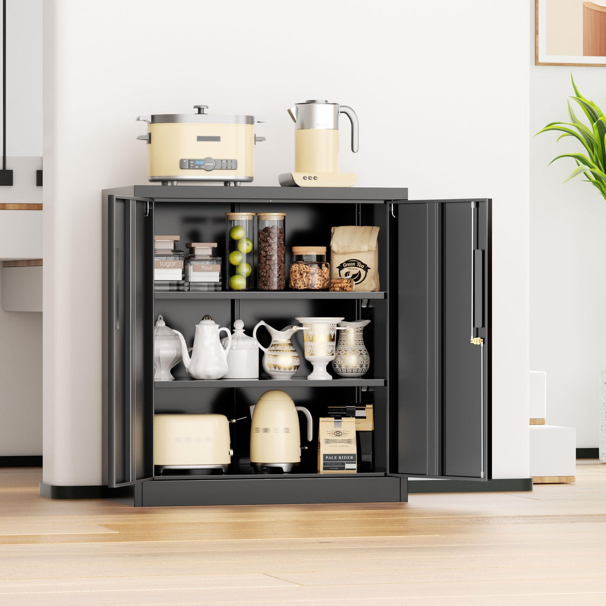 Black Metal Storage Cabinet with Locking Doors and Shelves H43704