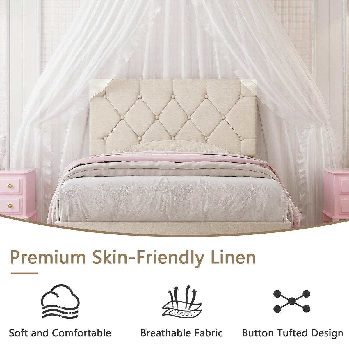 Twin Bed Frame with Upholstered Tufted Headboard, Beige Y539