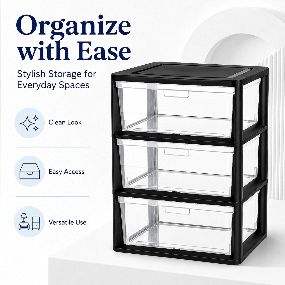 Black 3 Drawer Plastic Storage Tower with Clear Bins K6210