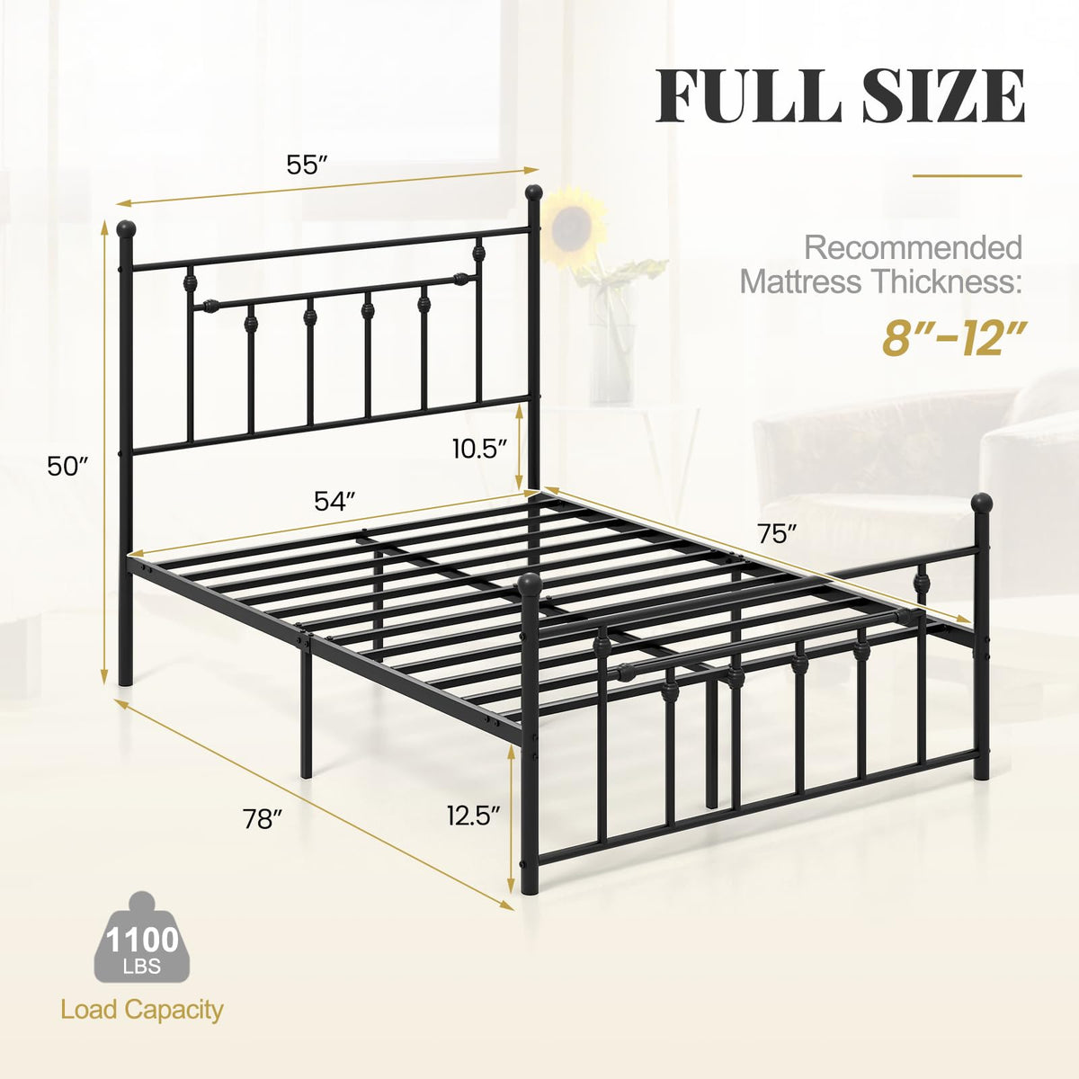 Black Full Size Metal Bed Frame with Headboard & Footboard D255