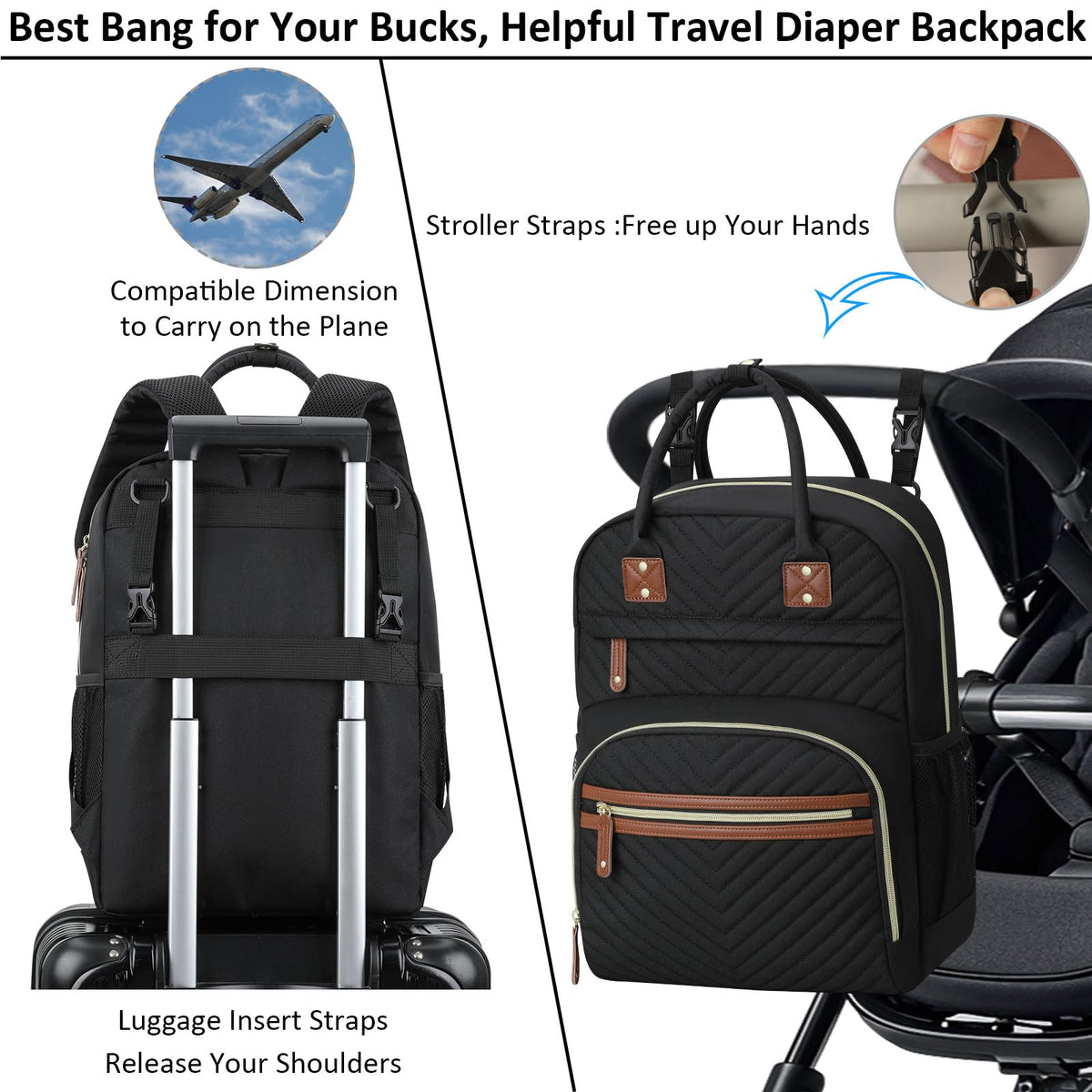 Diaper Bag Backpack with Insulated Pockets Black V8030